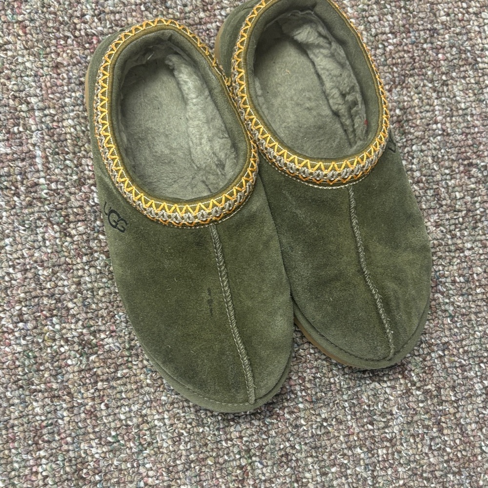 UGG Olive Suede Slippers with Mustard Trim